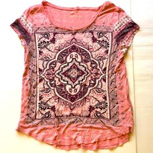 Lucky Brand Los Angeles CA Pink Print Scoop Neck Short Sleeve Tee Shirt Top Sz L